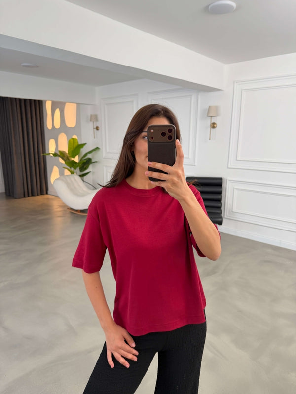 Bordo Bisiklet Yaka Basıc Tshirt 6597-Bordo