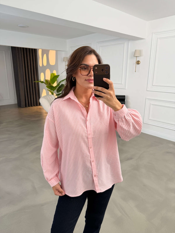 Pembe Çizgili Oversize Gömlek 2021-Pembe