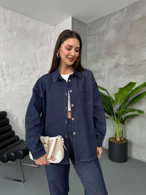 Mavi Dikiş Detaylı İnce Denim Gömlek