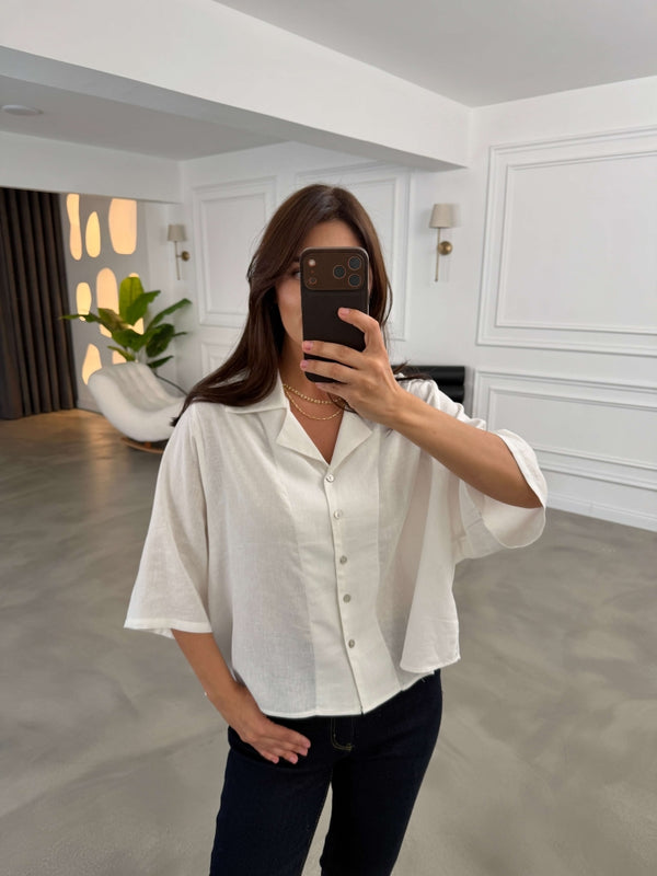 Beyaz Oversize Keten Gömlek 4982-Beyaz