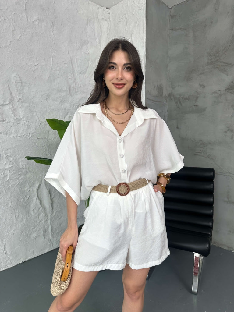 Beyaz Hasır Kemerli Şortlu Tencel Takım