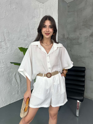 Beyaz Hasır Kemerli Şortlu Tencel Takım