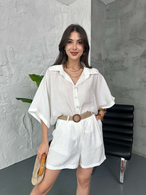 Beyaz Hasır Kemerli Şortlu Tencel Takım