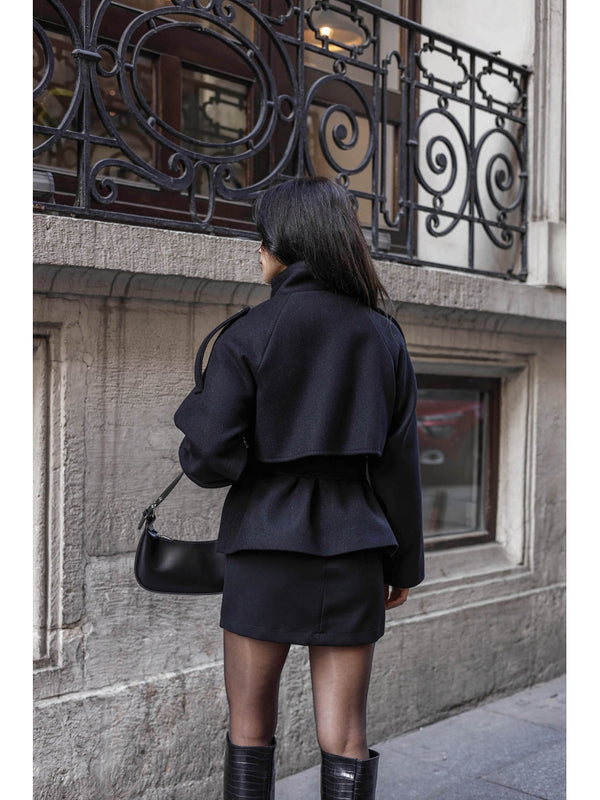 Siyah  Dik Yaka Kısa Kaşe Kaban 70119-SİYAH