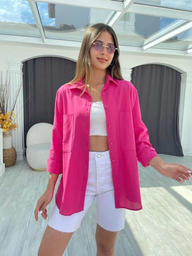 Fuşya Oversize Keten Gömlek N002- Fuşya