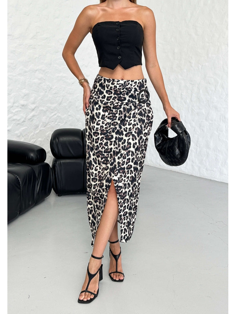 Leopar Toka Detaylı Yırtmaçlı Etek 65659