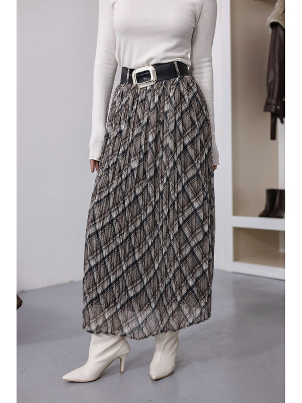 Bej Ekose Desen Kemerli Kraş Etek 7735-Bej