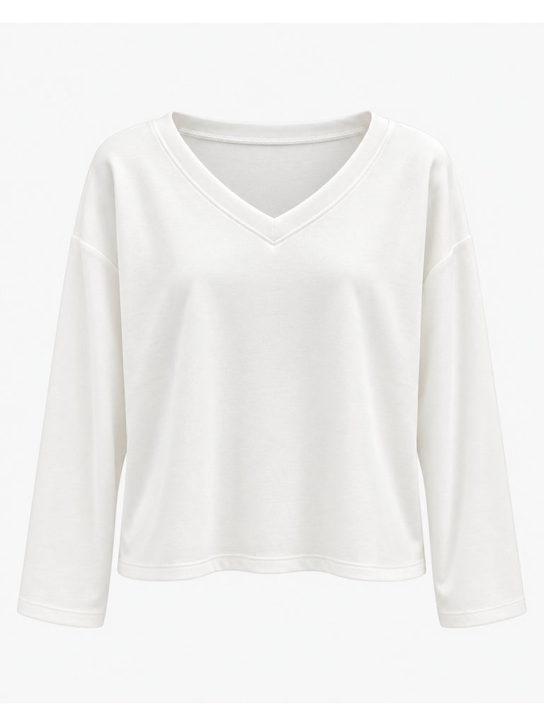 Beyaz V Yaka Uzun Kollu Sweat M-11094-Beyaz