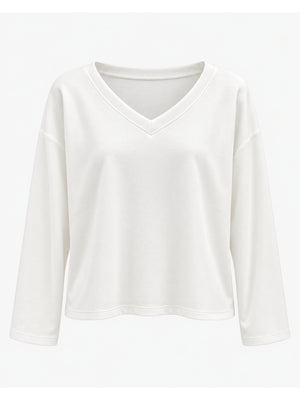 Beyaz V Yaka Uzun Kollu Sweat M-11094-Beyaz