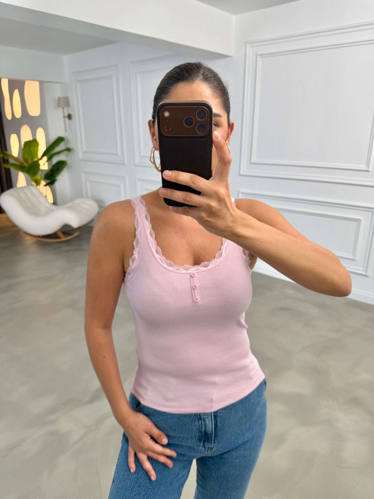 Pembe Fitilli Dantel Detaylı Atlet 26343-Pembe