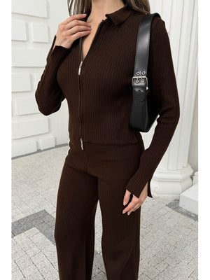 Kahverengi Çift Fermuarlı Fitilli Triko Takım 0103-Kahverengi