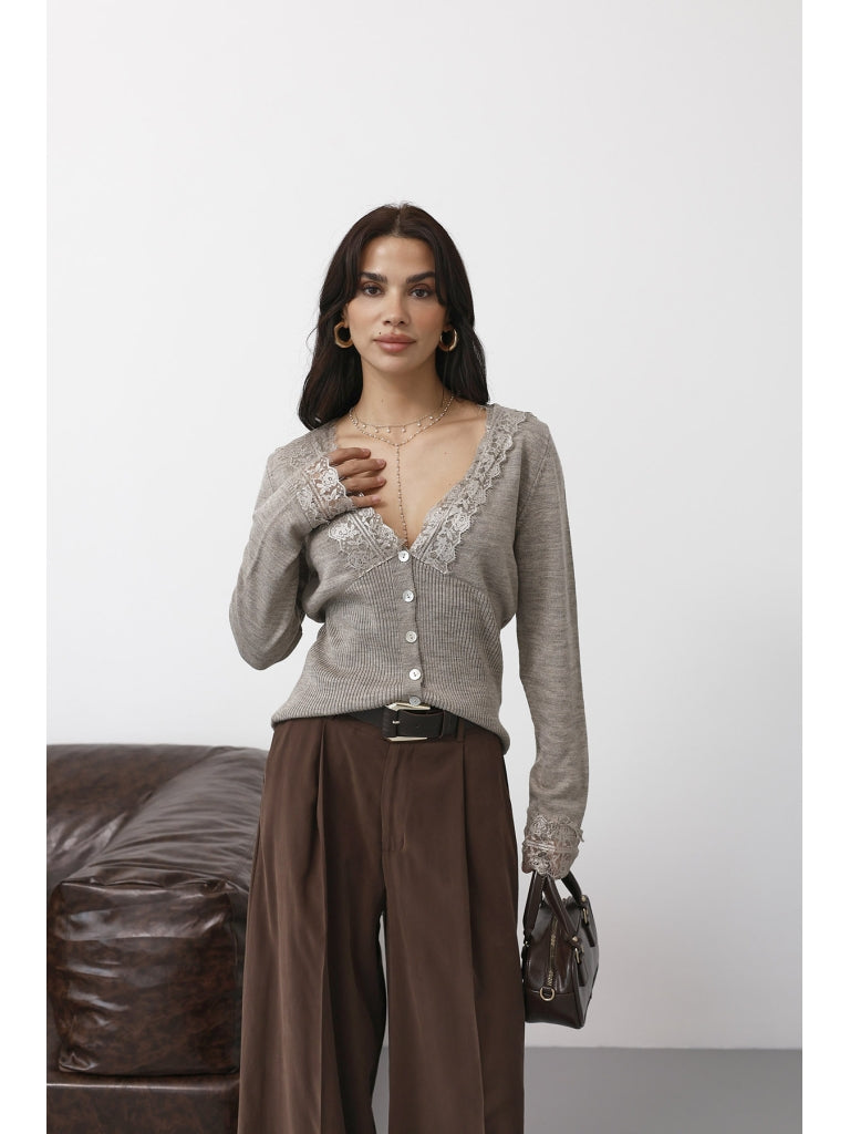 Vizon Dantel Detaylı Triko Hırka 251066-Vizon