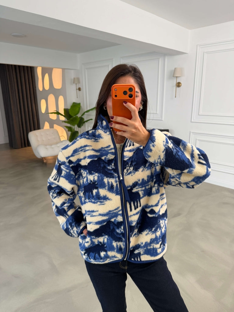 Lacivert Geyik Desenli Ön Fermuarlı Peluş Sweat 4219-Lacivert