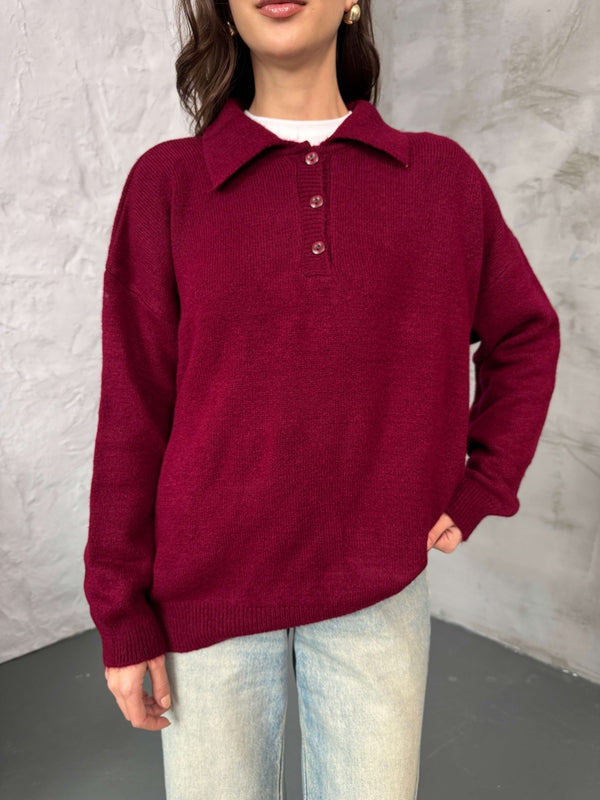 Bordo Polo Yaka Düğmeli Triko Kazak 2482-BORDO