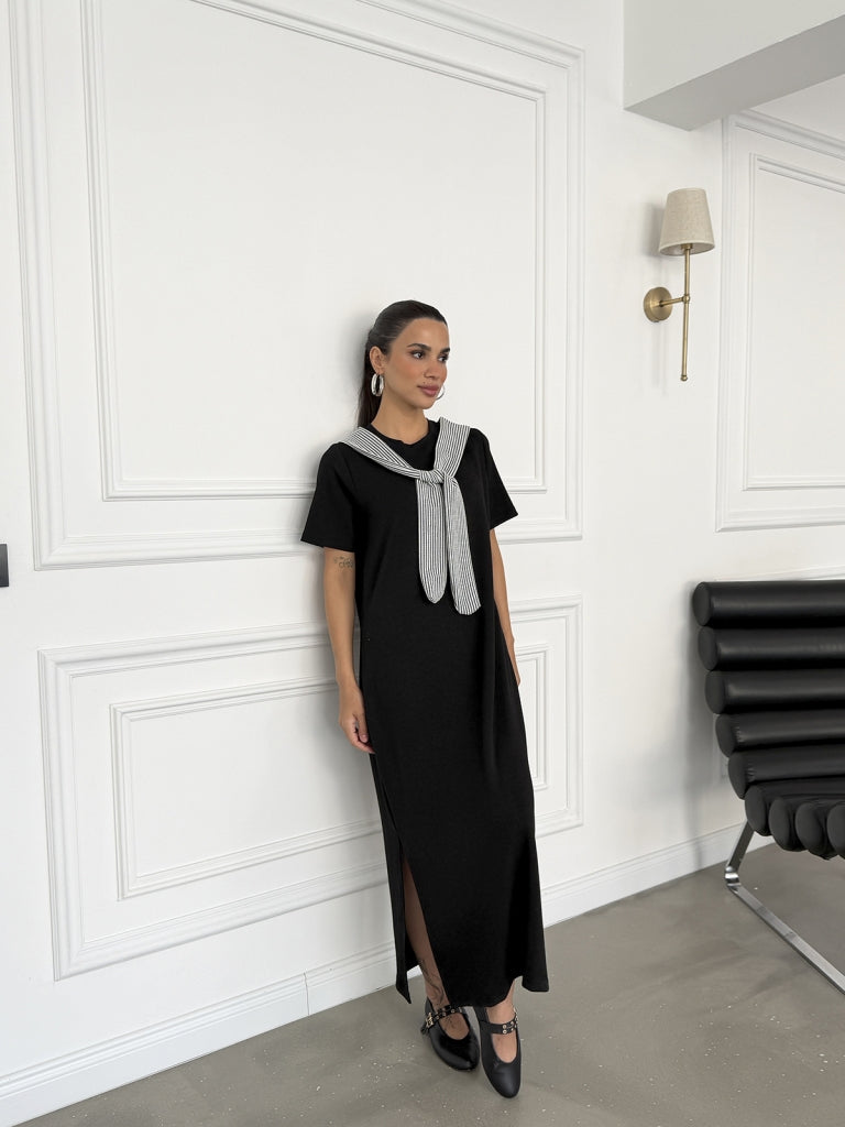 Siyah Fular Detaylı Modal Elbise 1877-Siyah