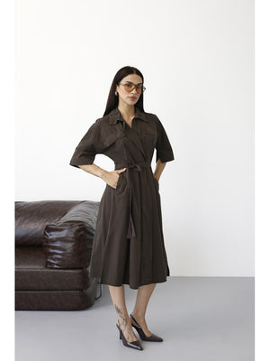 Kahverengi Önden Fermuarlı Kuşaklı Elbise 0049-Kahverengi
