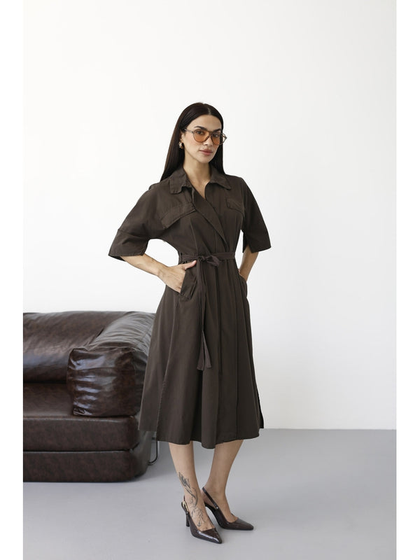 Kahverengi Önden Fermuarlı Kuşaklı Elbise 0049-Kahverengi