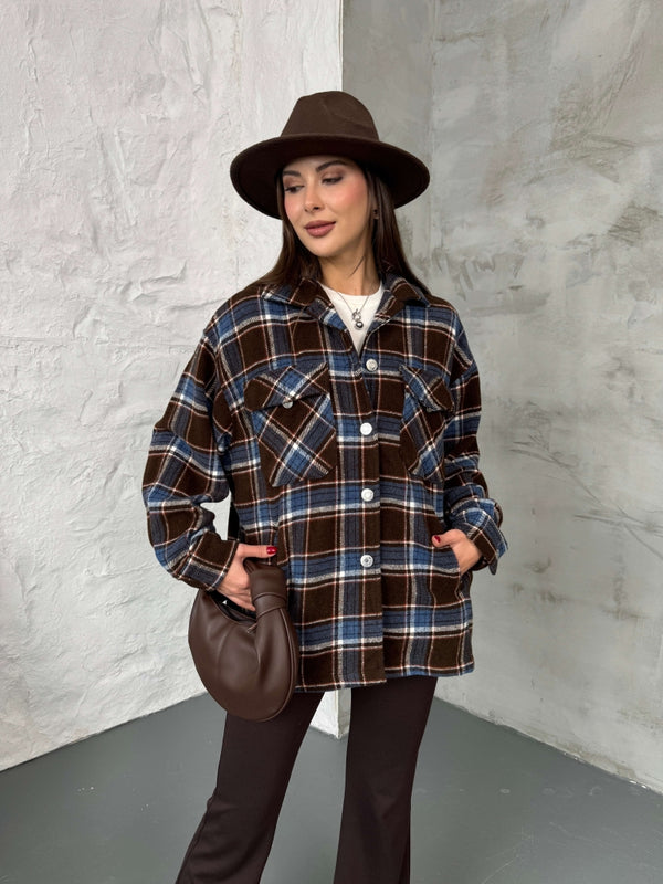 Kahverengi Cep Detaylı Ekose Ceket EY6055