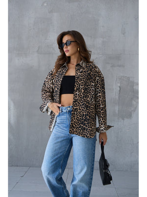 Leopar Detaylı Yıkamalı Gabardin Gömlek