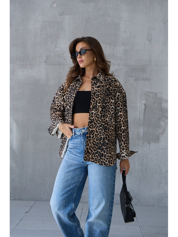 Leopar Detaylı Yıkamalı Gabardin Gömlek
