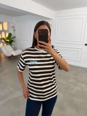 Kahve Nakış Yazılı Çizgili Tshirt 10868-Kahve