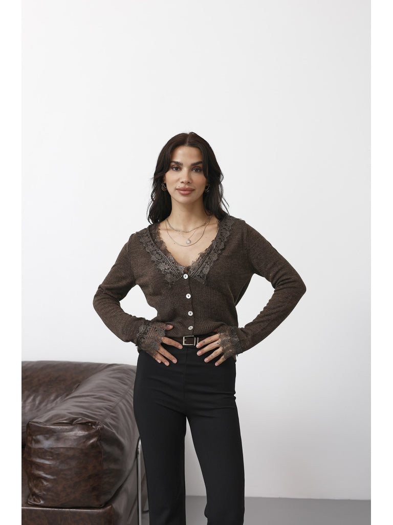 Kahverengi Dantel Detaylı Triko Hırka 251066-Kahverengi