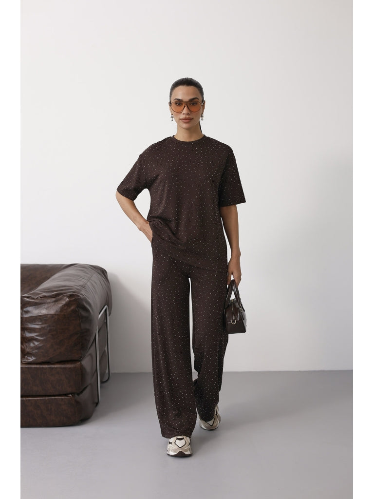 Kahverengi Taş Baskılı Takım 4250-Kahverengi