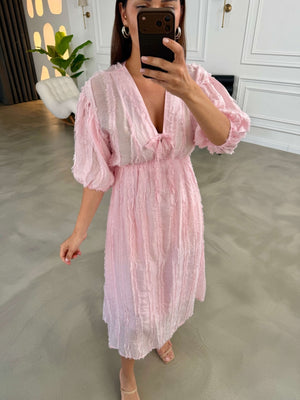 Pembe Püsküllü Ön Bağlamalı Elbise EY3075-Pembe