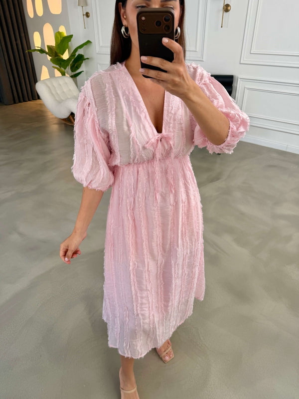 Pembe Püsküllü Ön Bağlamalı Elbise EY3075-Pembe