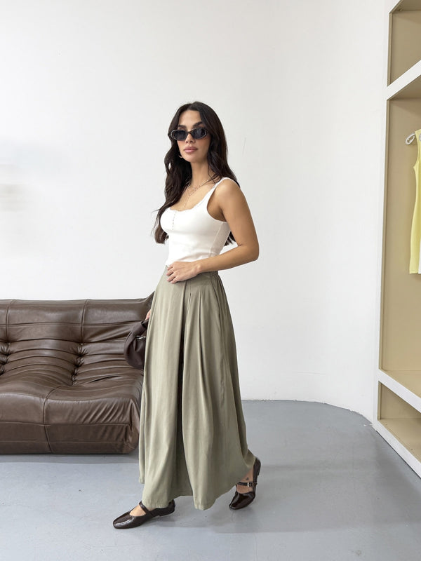 Haki Beli Pilili Tencel Pantolon 51204-Haki