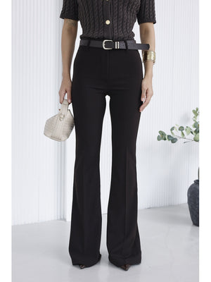 Kahverengi Gold Kemerli İspanyol Paça Pantolon 1741-Kahverengi