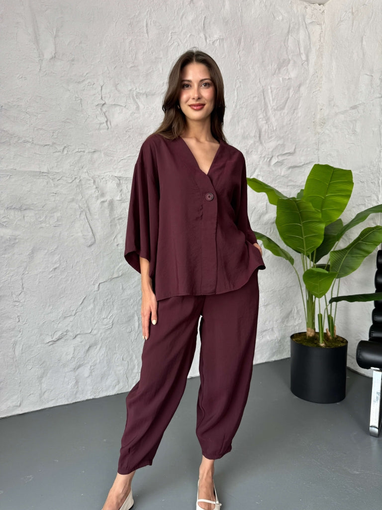 Mürdüm Tek Düğmeli Bluz Pantolon Takım