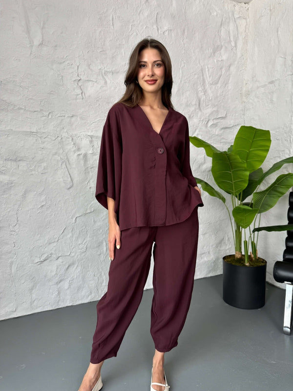 Mürdüm Tek Düğmeli Bluz Pantolon Takım