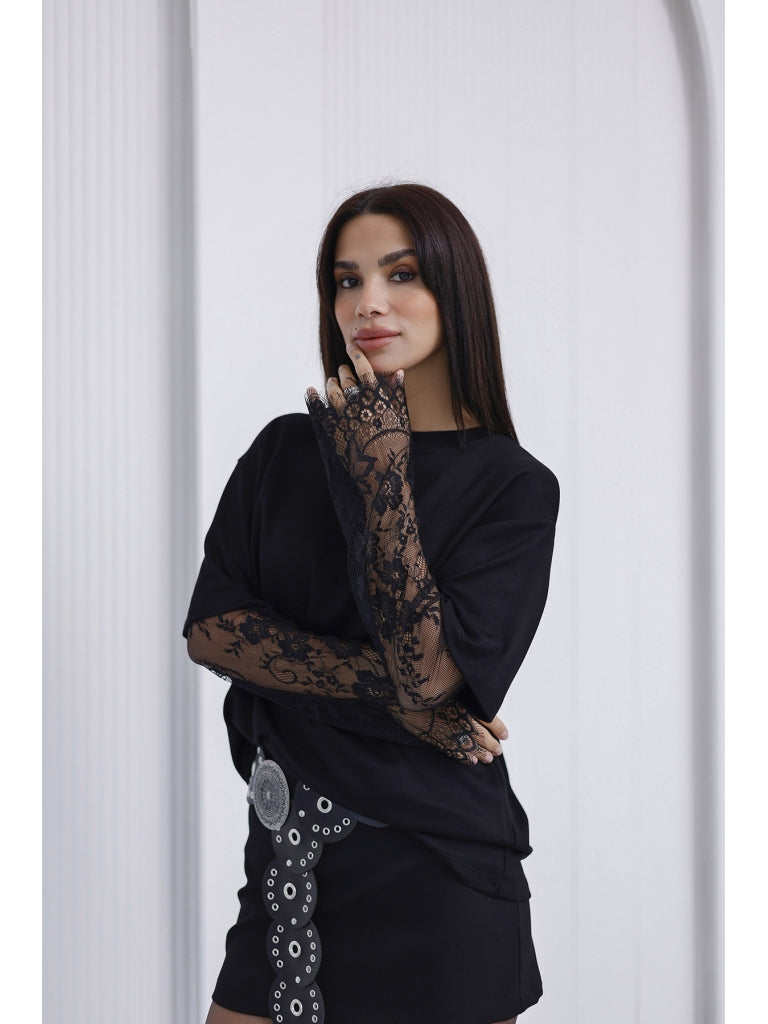 Siyah Güpür Kollu Bluz EY0302-Siyah