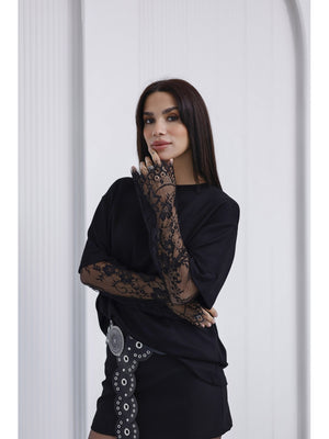 Siyah Güpür Kollu Bluz EY0302-Siyah