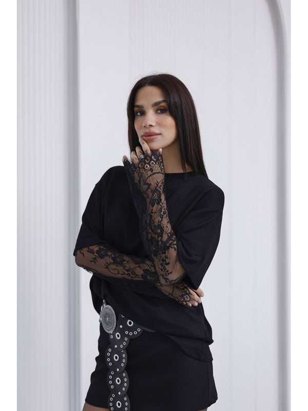 Siyah Güpür Kollu Bluz EY0302-Siyah