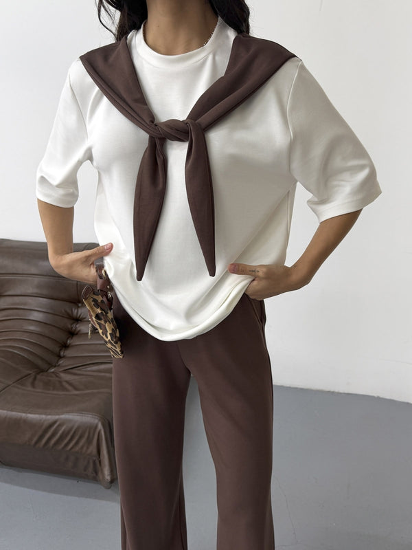 Kahve Fular Detaylı Pantolon Takım 4116-Kahve