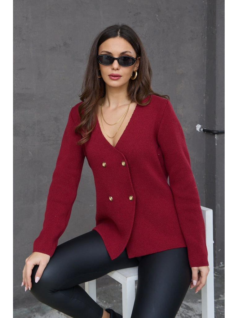 Bordo Dört Düğmeli Triko Ceket