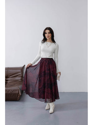Mürdüm Çiçek Detaylı Şifon Etek 0613-Mürdüm