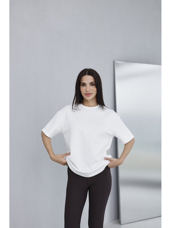 Beyaz Taş Baskılı Tshirt 4236-Beyaz