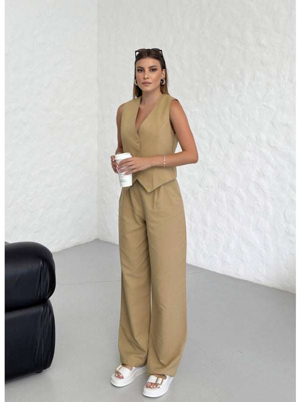Camel Yelek Palazzo Pantolon Takım