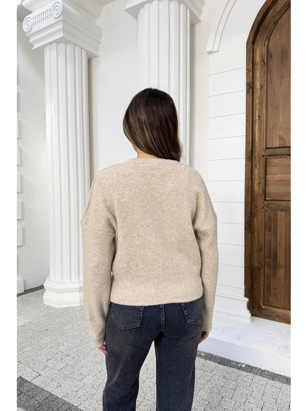 Dilvin Açık Bej V Yaka Yumuşak Dokulu Kazak 10645-Açık Bej