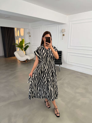 Siyah Zebra Desen Kuşaklı Gömlek Elbise 6685-Sİyah