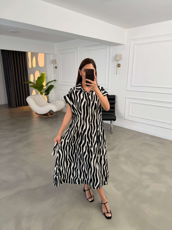 Siyah Zebra Desen Kuşaklı Gömlek Elbise 6685-Sİyah
