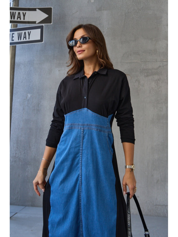 Siyah Jean Detaylı Gömlek Yaka Elbise 8132