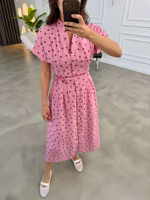 Pembe Puantiyeli Beli Pilili Elbise 3083-Pembe