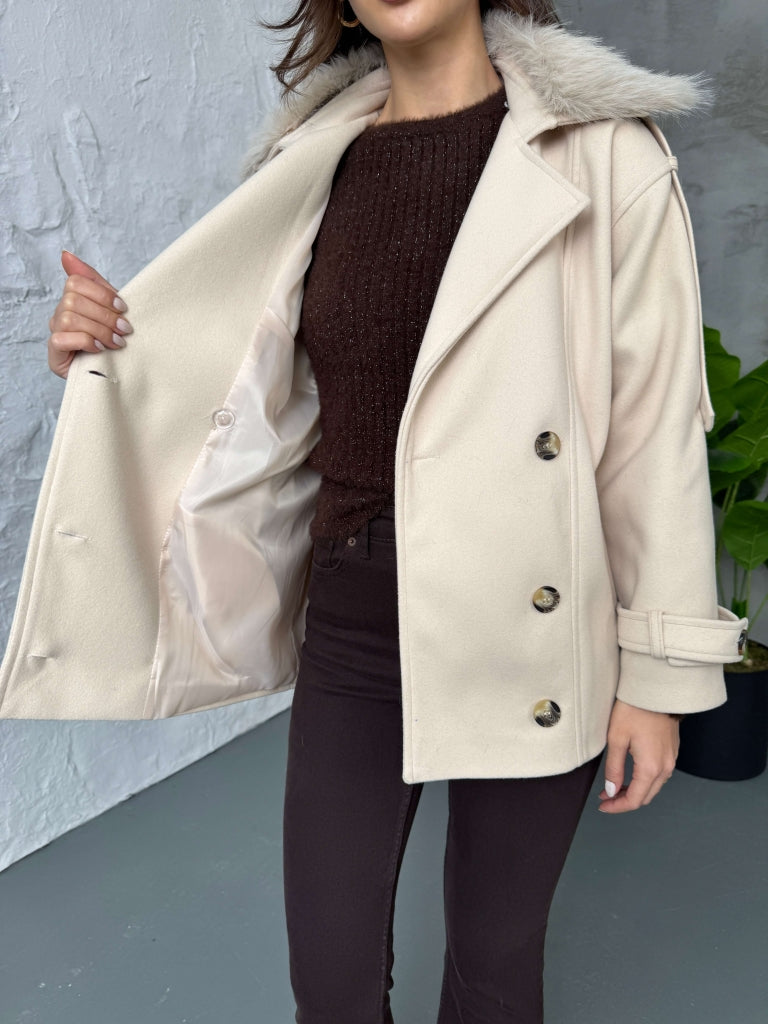 Taş Yakası Kürklü Premium Kaşe Kaban 70100-Taş