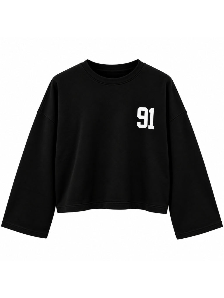 Siyah Baskılı Uzun Kollu Basic Sweat 12470-Siyah