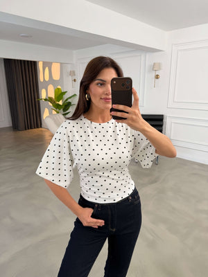 Ekru Puantiyeli Bel Büzgülü Tshirt 1105-Ekru