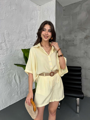 Sarı Hasır Kemerli Şortlu Tencel Takım